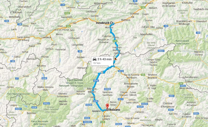 Map, Innsbruck to Bolzano